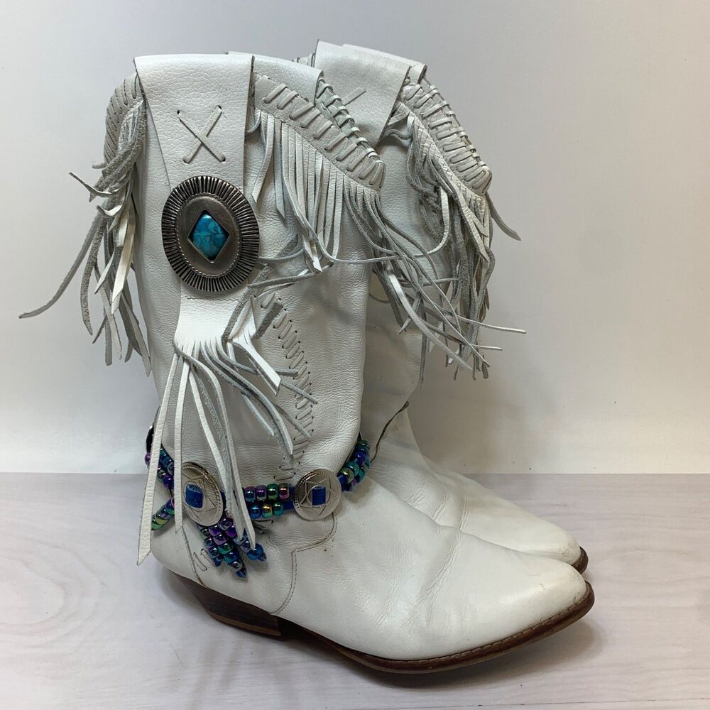 Circle S Vintage White Leather Fringe + Concho Boots Made in Brazil Size 9M